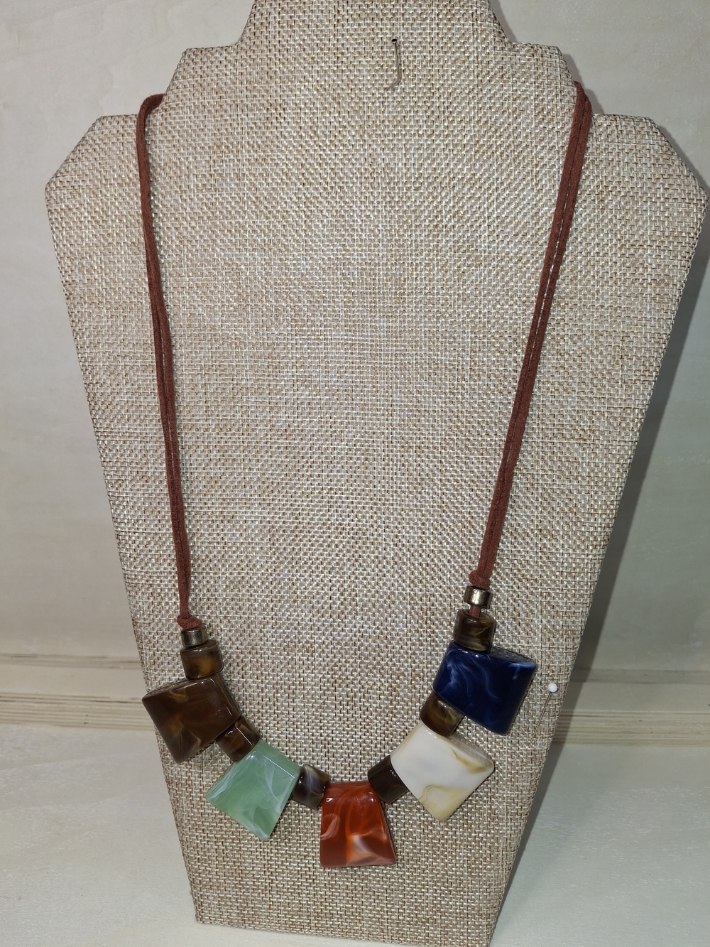 Multicolor Stone Pendant Necklace - Brown Cord